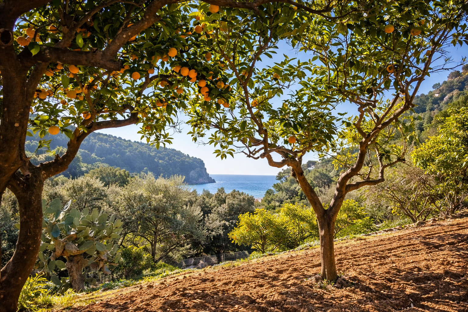 Orange trees with ripe fruit in a sunny coastal landscape, overlooking the ocean and distant hills.