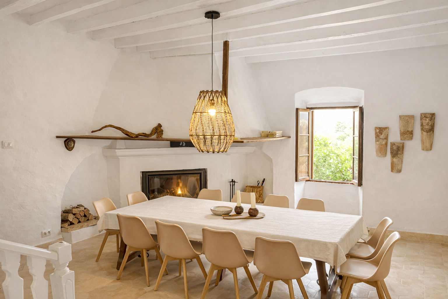 Bright dining room with white walls, a fireplace, and a large window with open shutters. There is a long table with a beige tablecloth and nine beige chairs. Decorative candles and bowls are on the table, and a woven pendant light hangs above. A shelf with a piece of driftwood and some books is above the fireplace, and three wall sculptures are to the right of the window.