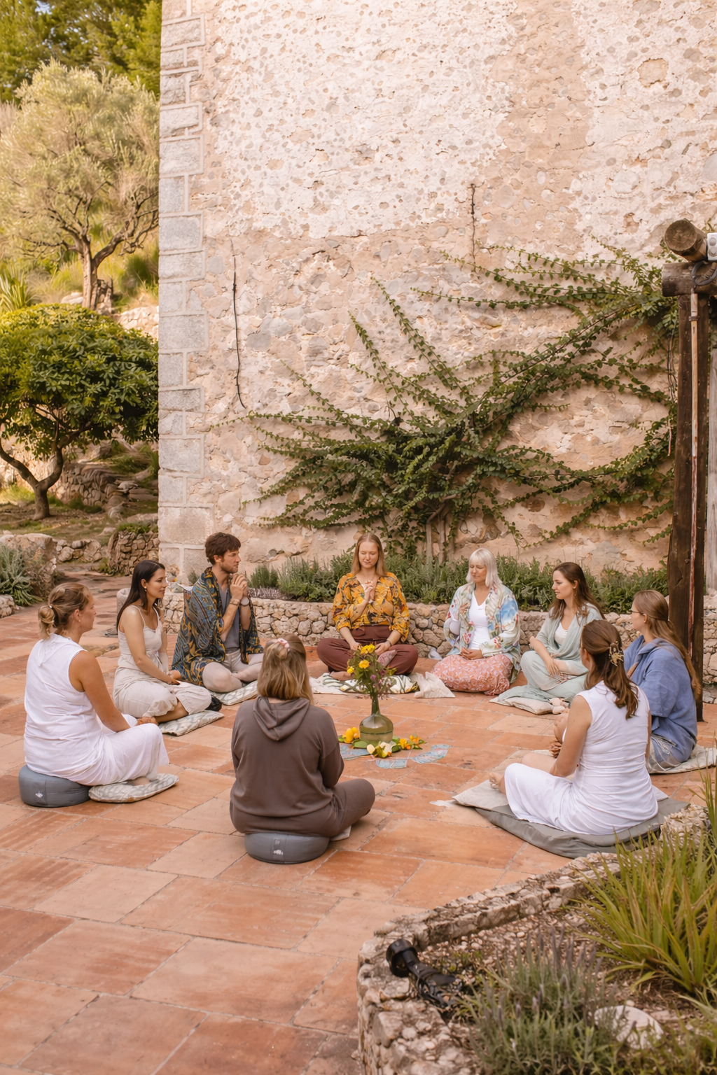 A group of ten people sitting in a circle on cushions on a brick patio, participating in a meditation or spiritual gathering outdoors. They are surrounded by greenery and a stone wall with creeping vines.