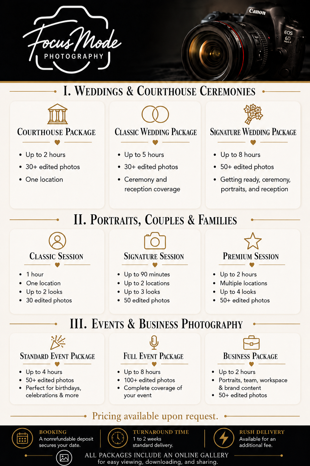 Photography service pricing chart with packages for weddings, portraits, events, and business photography, featuring icons and details for each package.