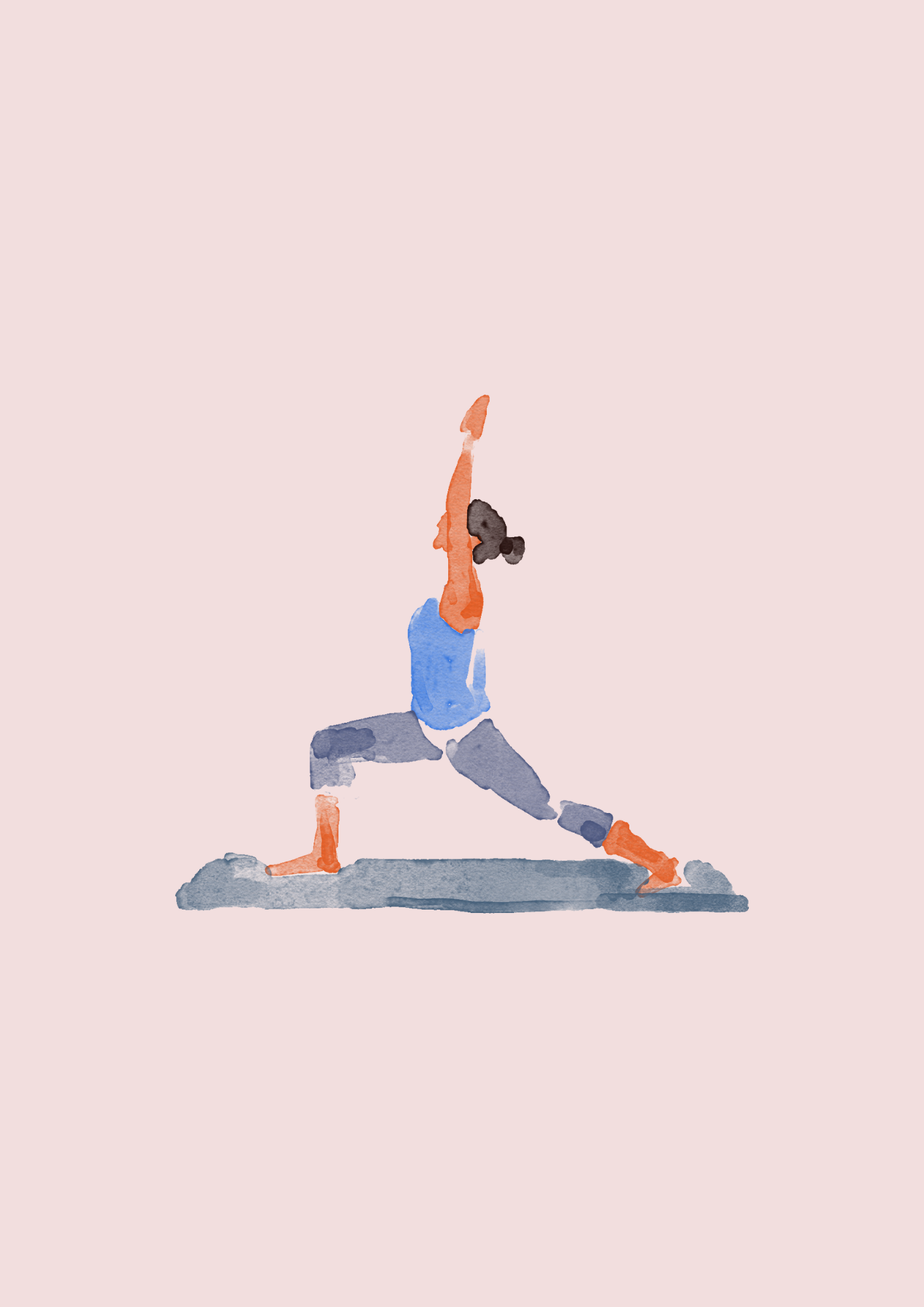 Waterverf schilderij van een vrouw die in een yoga houding staat, met één arm omhoog en de andere naar beneden, op een mat.