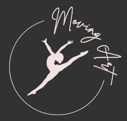 Silhouet van een danseres in een sprong, met de tekst 'Moving & Fit' erboven in sierlijke letters.