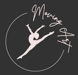 Een silhouet van een danseres in een sprong met de tekst 'Moving Art' ernaast op een zwarte achtergrond.