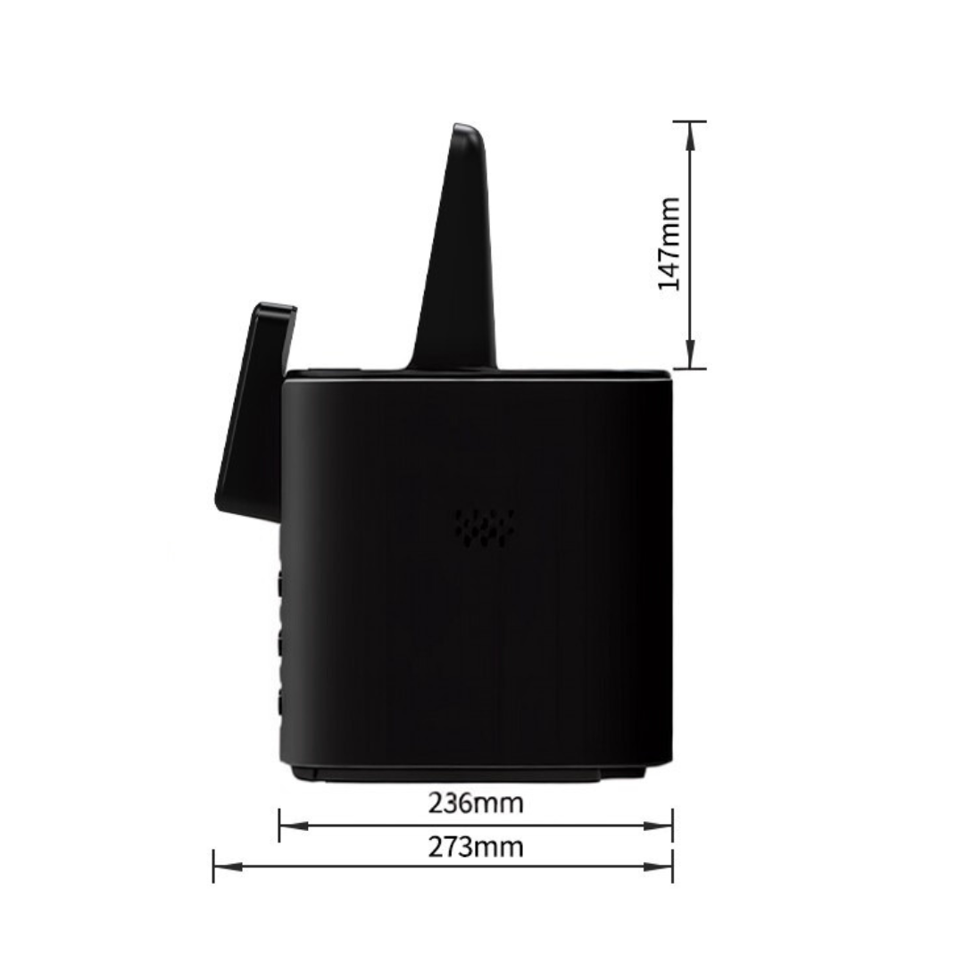 Imagem de um dispositivo eletrônico preto com dimensões marcadas, incluindo altura de 147mm, largura de 236mm e comprimento total de 273mm, apresentando uma antena na parte superior.