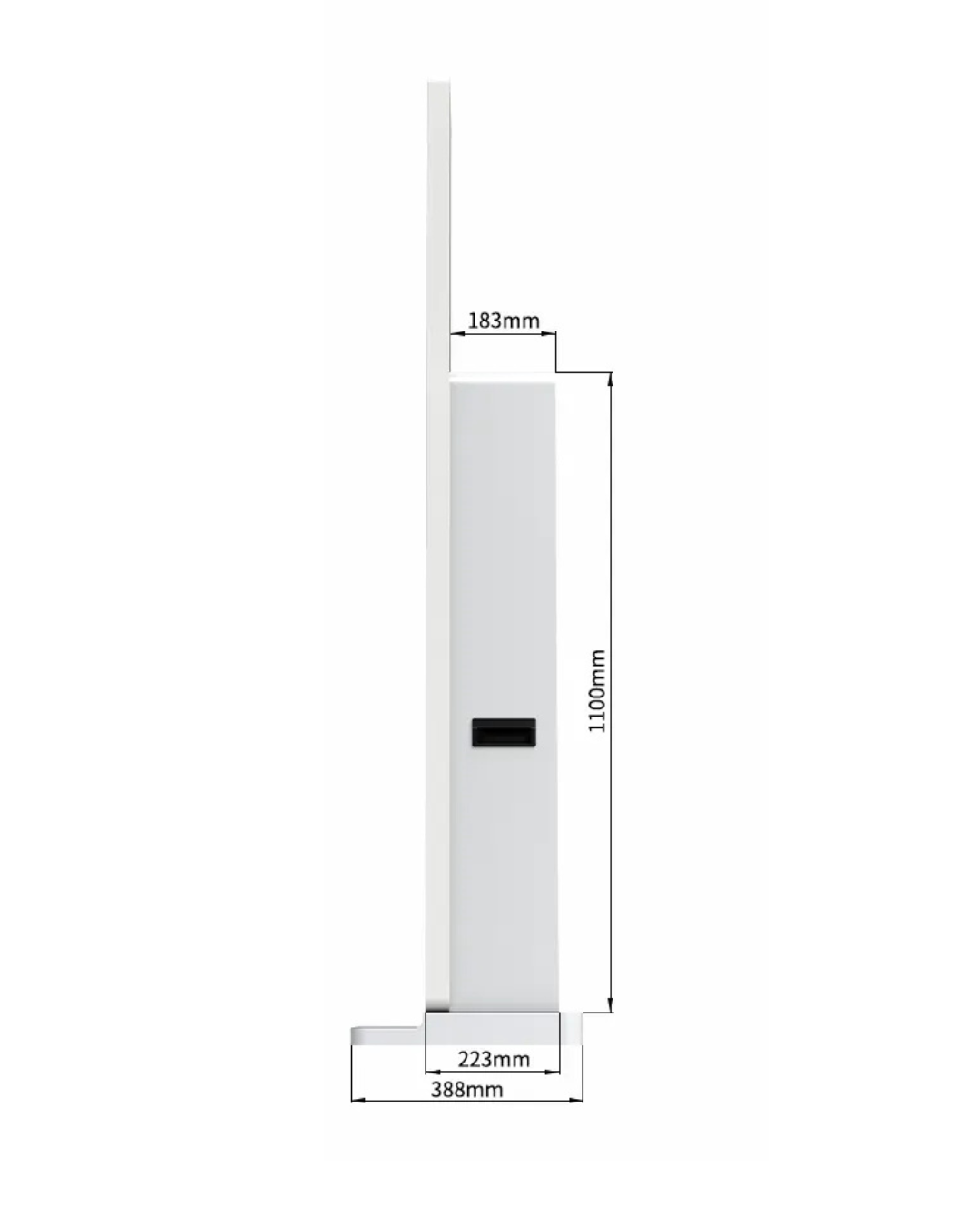 Imagem de uma estrutura branca com dimensões marcadas em milímetros: altura de 1100mm, largura de 388mm, profundidade de 223mm, uma parte saliente de 183mm de comprimento, e uma funcionalidade de entrada ou visor preta.