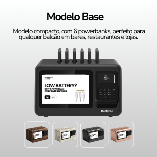 Modelo compacto de banco de energia com seis powerbanks, ideal para bares, restaurantes e lojas, com tela digital e diferentes cores de estojos.