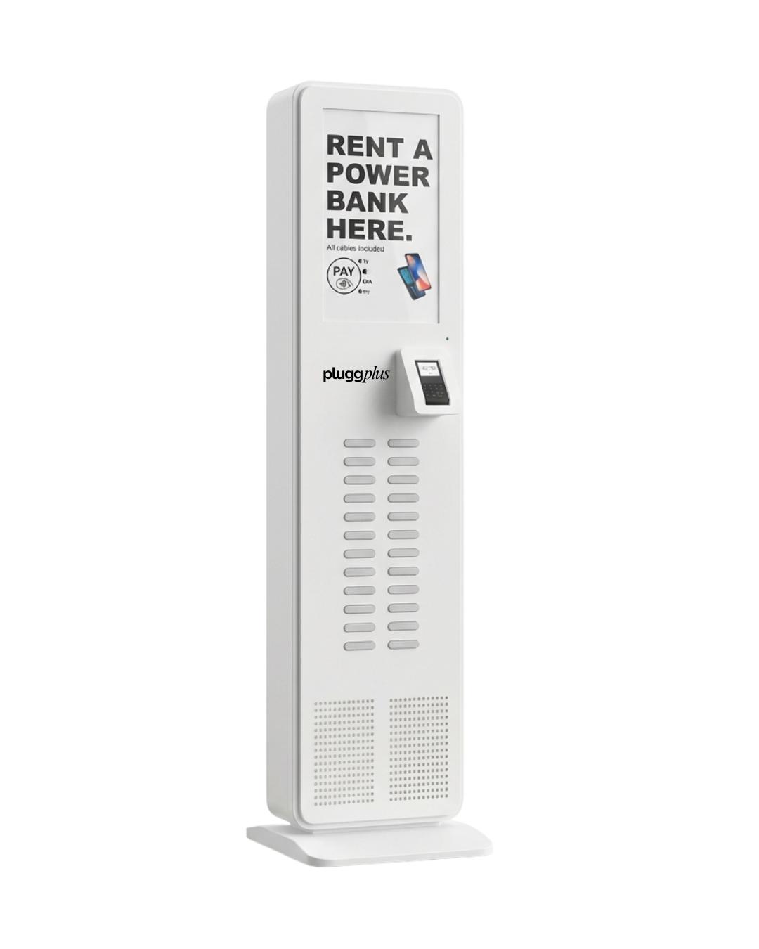 Estação de recarga de banco de energia portátil com tela digital, leitor de cartão e anúncio em destaque para aluguel de banco de energia para celulares