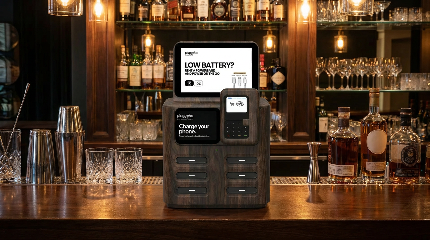 Máquina de pagamento e carregamento de celular em um bar, com garrafas de bebidas alcoólicas ao fundo e copos de vidro na bancada de madeira.