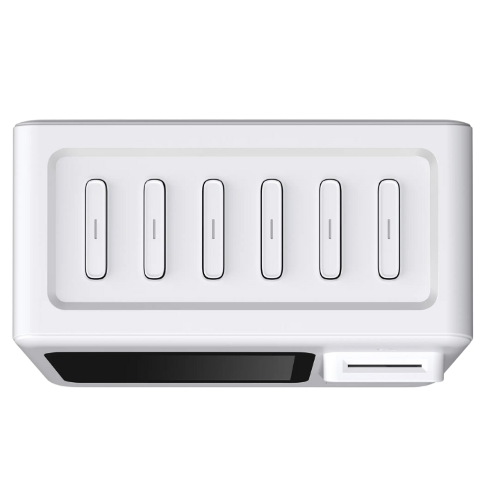 Roteador de internet branco com seis antenas na parte superior.