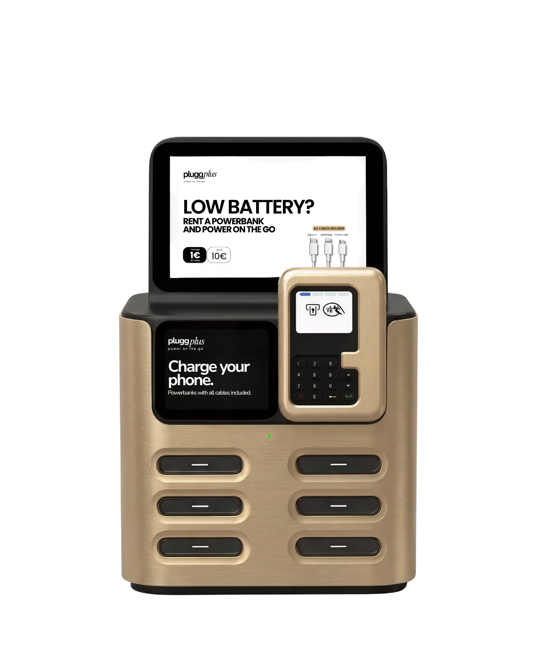 Estação de carregamento de dispositivos eletrônicos com telas digitais exibindo anúncios de aluguel de powerbanks e carregamento de telefone.