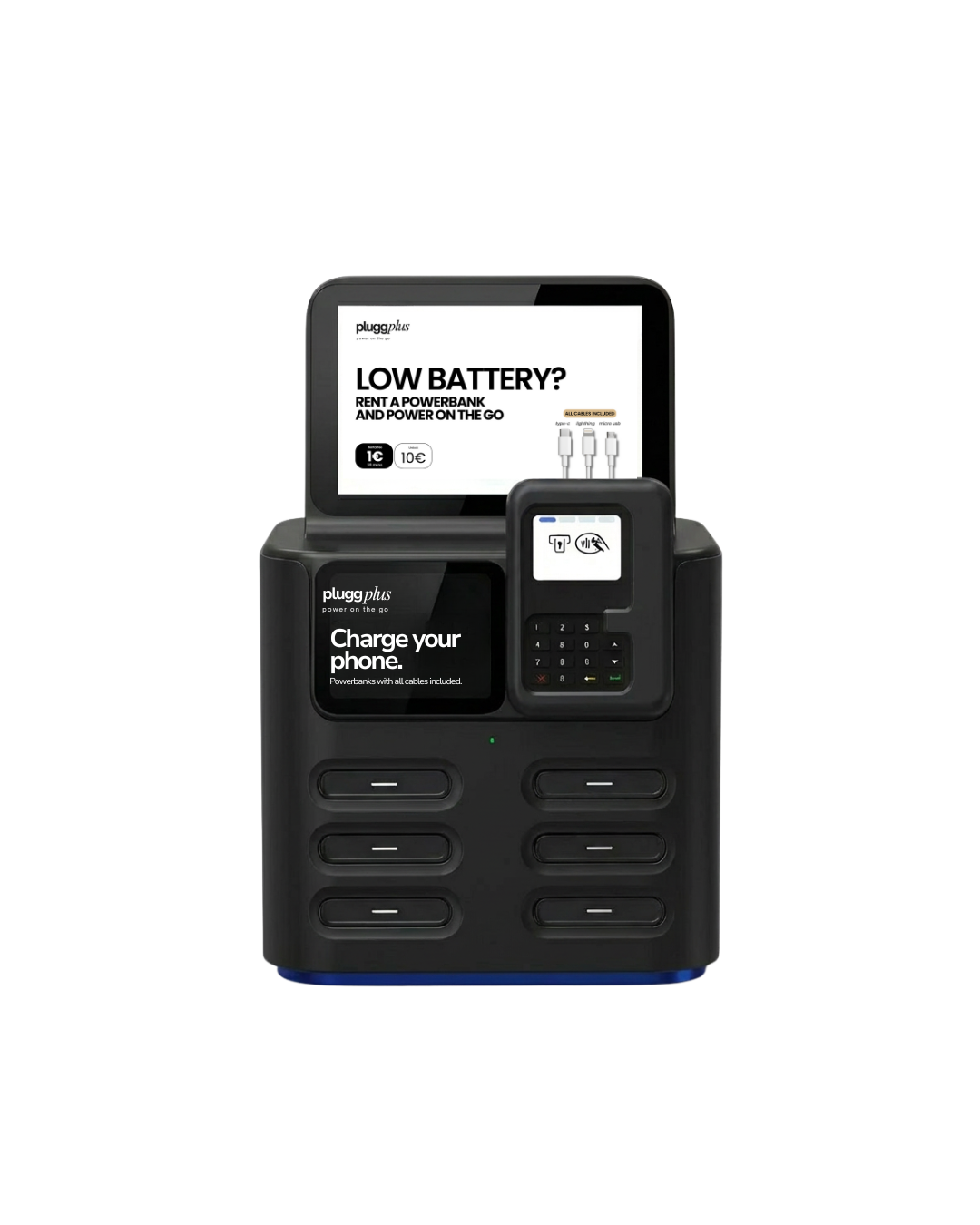 Dispositivo eletrônico de pagamento com telas, teclado numérico e compartimentos para cabos, usado para recarregar celulares e pagar contas.