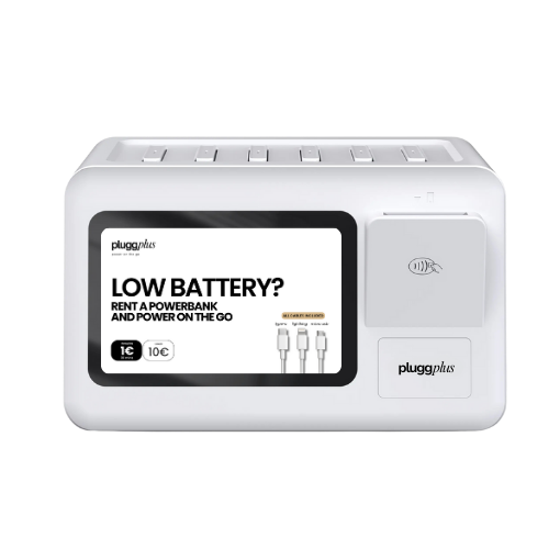 Dispositivo portátil de banco de energia com tela sensível ao toque e porta USB.