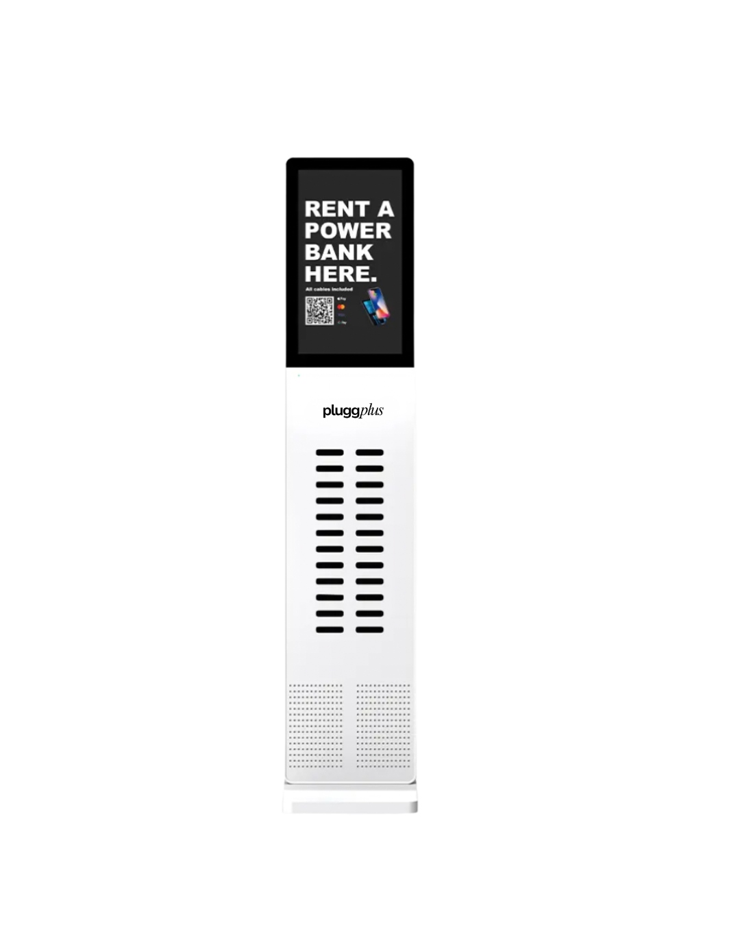 Terminal de pagamento digital com tela exibindo anúncio para aluguel de banco de energia, marca pluggplus, com detalhes de resistência às cabos, localizado em ambiente de cor escura e parede cinza ao lado.