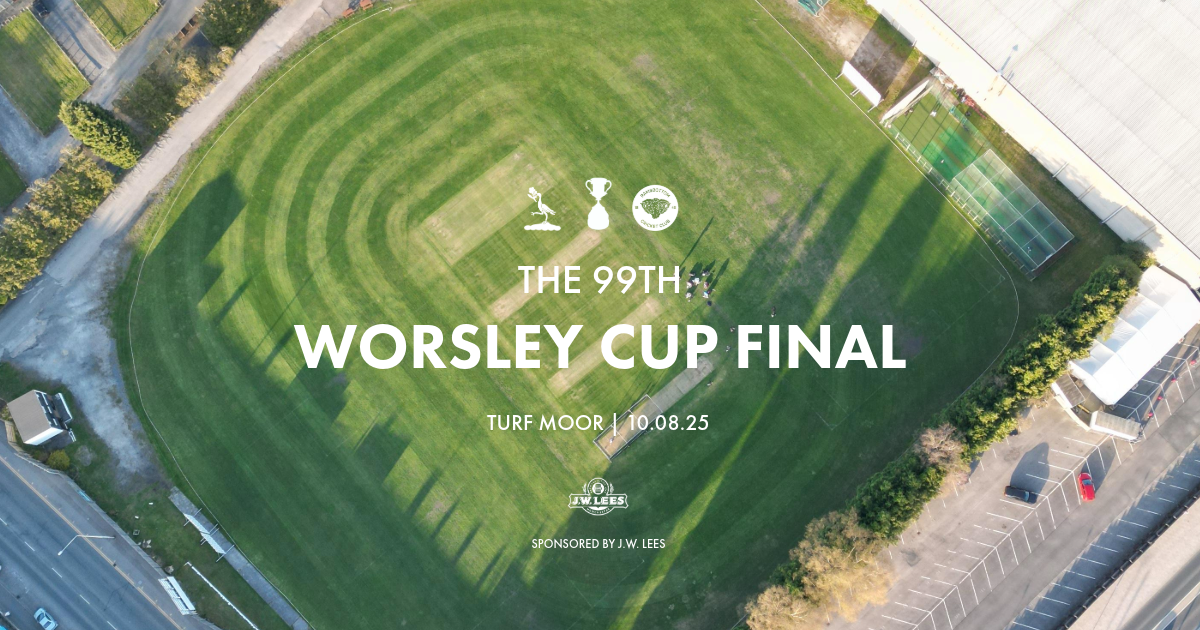 Aerial view of a cricket field with event overlay for the 99th Worsley Cup Final at Turf Moor on August 10, 2025, sponsored by J.W. Lees.