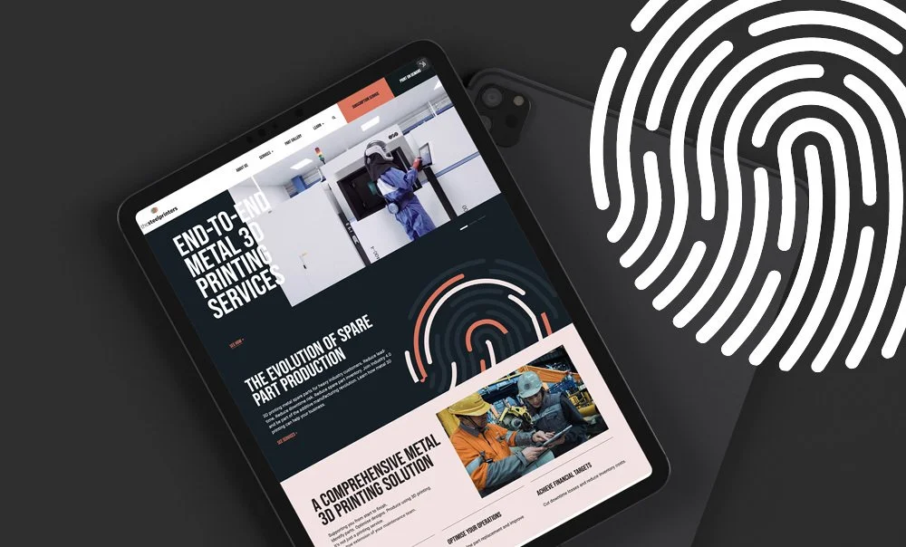 A tablet displaying a website about metal 3D printing services, with a fingerprint graphic on a black background.