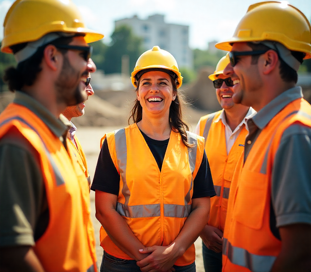 Construction workers in orange safety vests and yellow helmets smiling and talking outdoors, with a blurred background of buildings and trees.