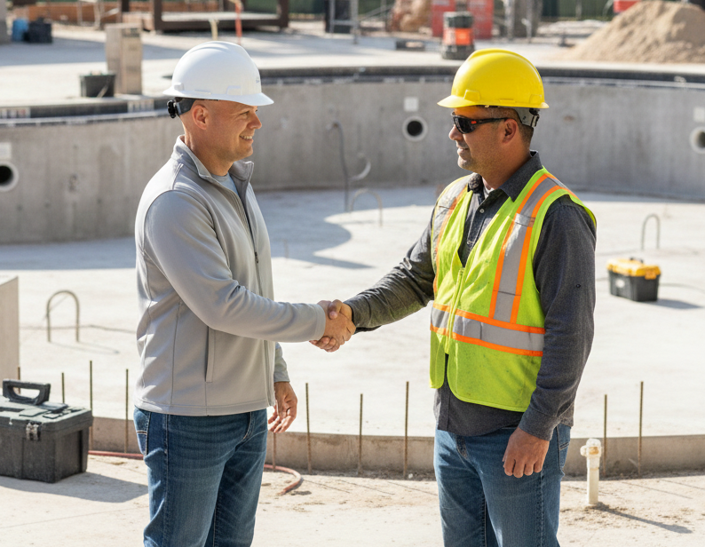 Scott Evans shaking hands with construction worker on jobiite