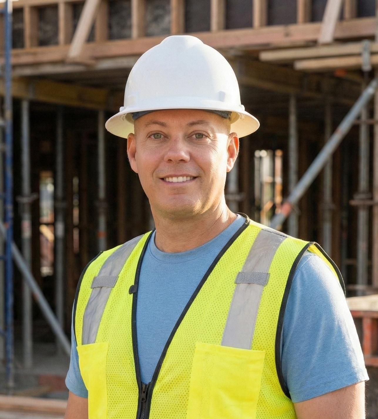 A smiling man in a white construction helmet and yellow safety vest standing in front of a building under construction.