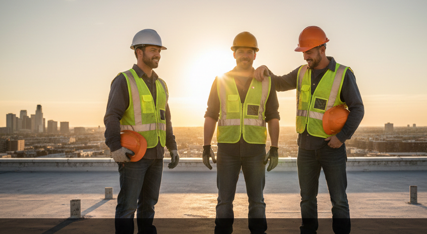 Three construction workers wearing hard hats and safety vests on a rooftop at sunset.