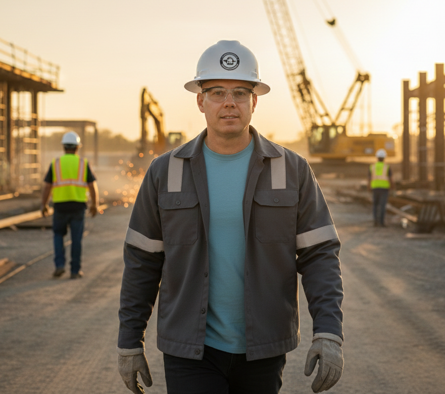 Construction worker Scott Evans walking through a jobsite at sunset, reflecting the long hours crews endure.