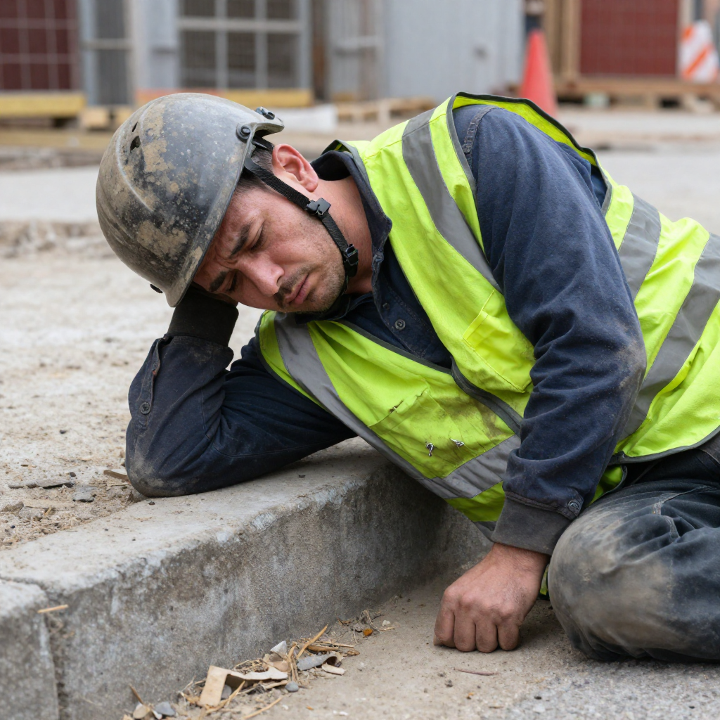 Construction worker slumped over with depression and exhaustion.