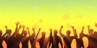 Silhouettes of people dancing and raising hands at sunrise with golden sky—evoking celebration, community healing, and the joy of emotional recovery after darkness
