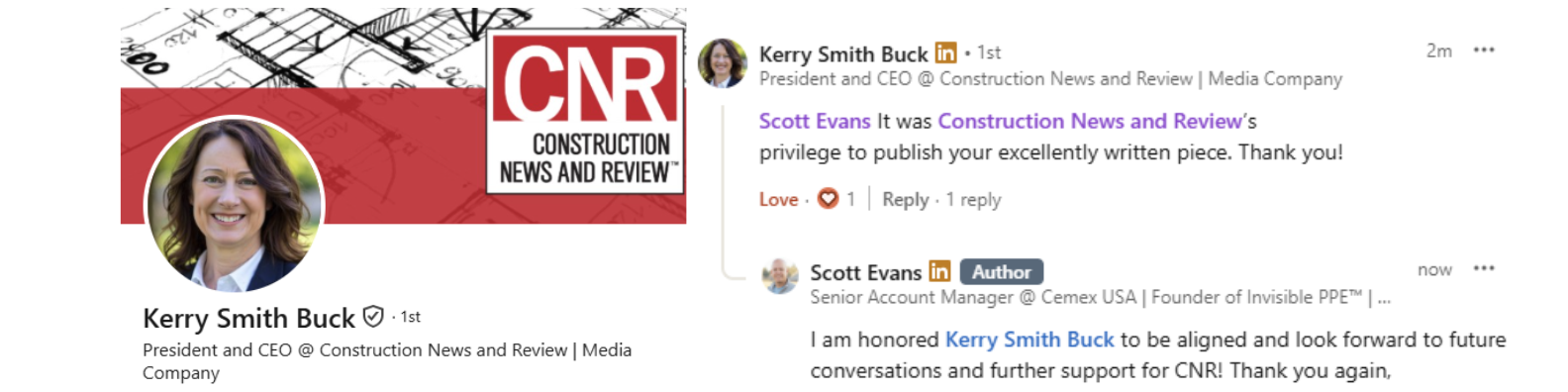 Kerry Buck offering a testimonial about Scott Evans’ CNR article, highlighting the impact of his Way Up, Not Out™ message on workers and leaders.