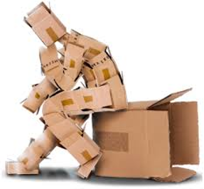 Person sitting beside an open cardboard box dressed in a monkey costume made of boxes—illustrating themes of isolation, identity, and the hidden emotional struggles behind playful appearances -thinking outside of the box for other outcomes