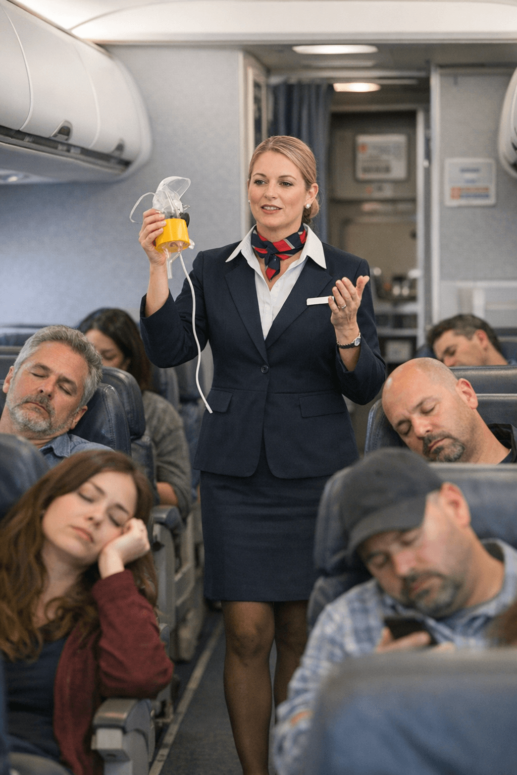 flight attendant giving safety speech while passengers sleep