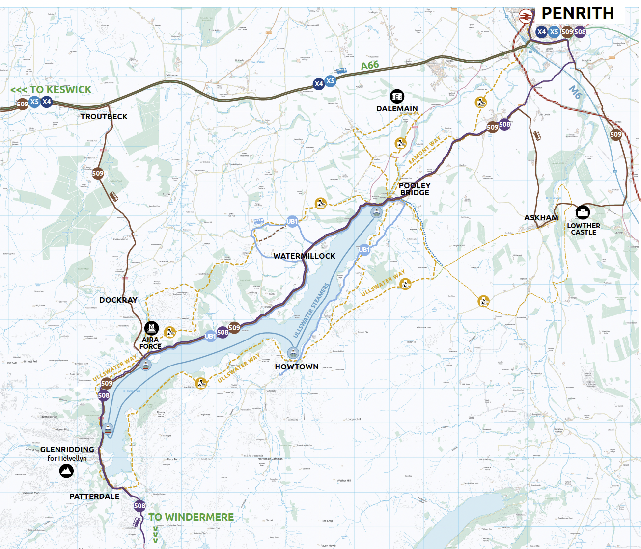 Map showing Ullswater Bus connections between Pooley Bridge, Aira Force, Howtown, Glenridding, Penrith and Keswick.