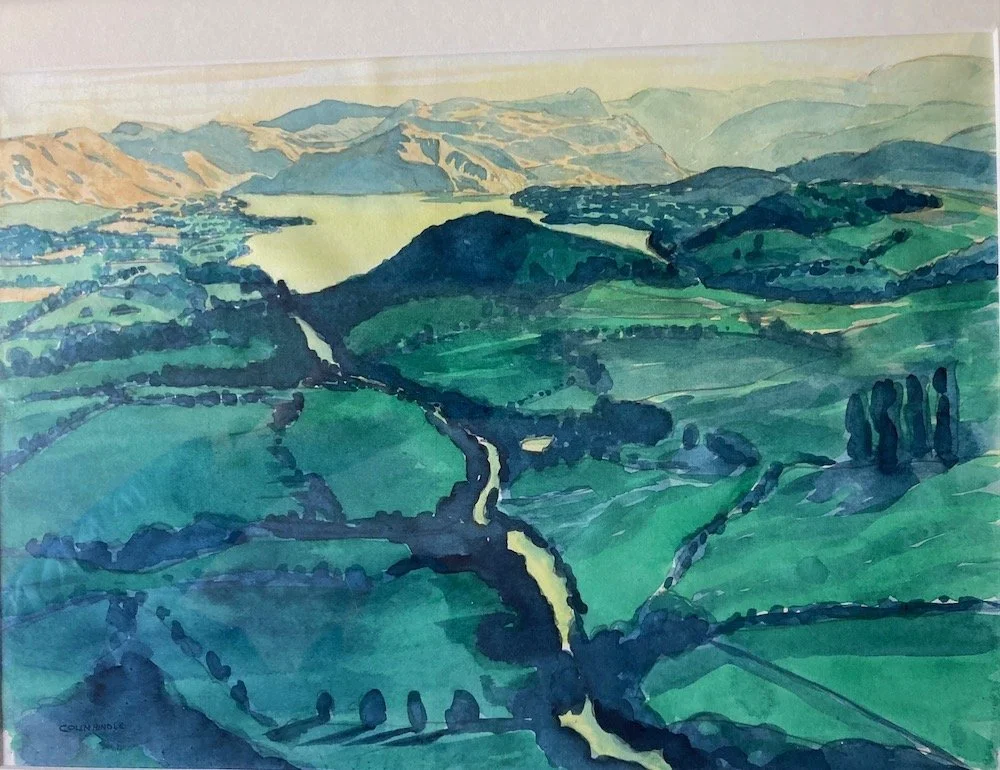 Colin Hindle's painting of Ullswater from a hot air balloon showing the River Eamont