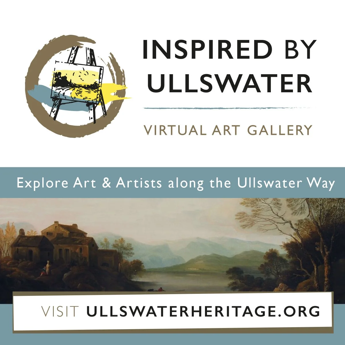 A promotional graphic for the Ullswater Virtual Art Gallery featuring a logo with a landscape painting and text promoting exploring art and artists along the Ullswater Way.