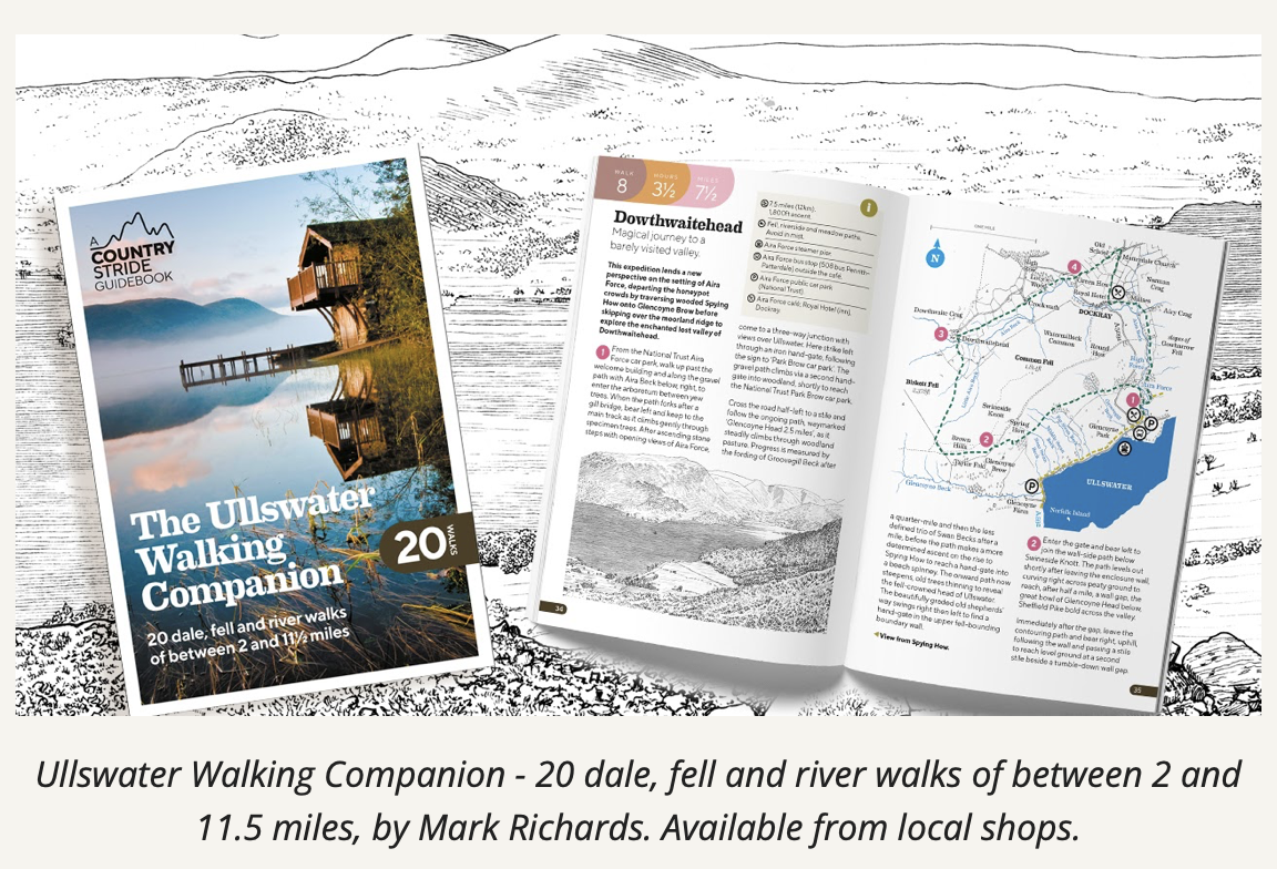 Cover of a walking guidebook titled 'The Ullswater Walking Companion' describing 20 walks of between 2 and 11.5 miles, authored by Mark Richards.