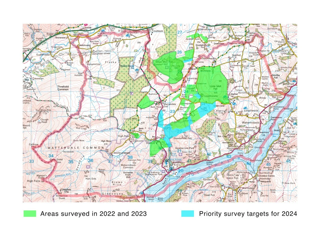 Overview map showing areas of Matterdale surveyed as part of the habitat mapping project.