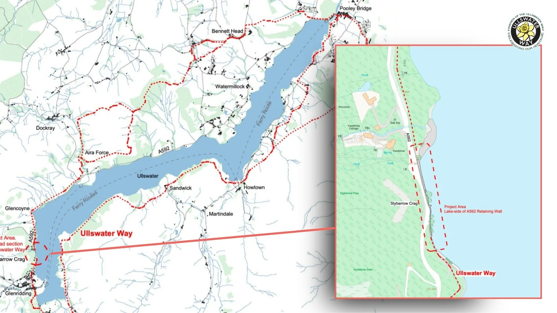 Map showing the Stybarrow Crag section of the A592 between Glenridding and the western side of Ullswater.