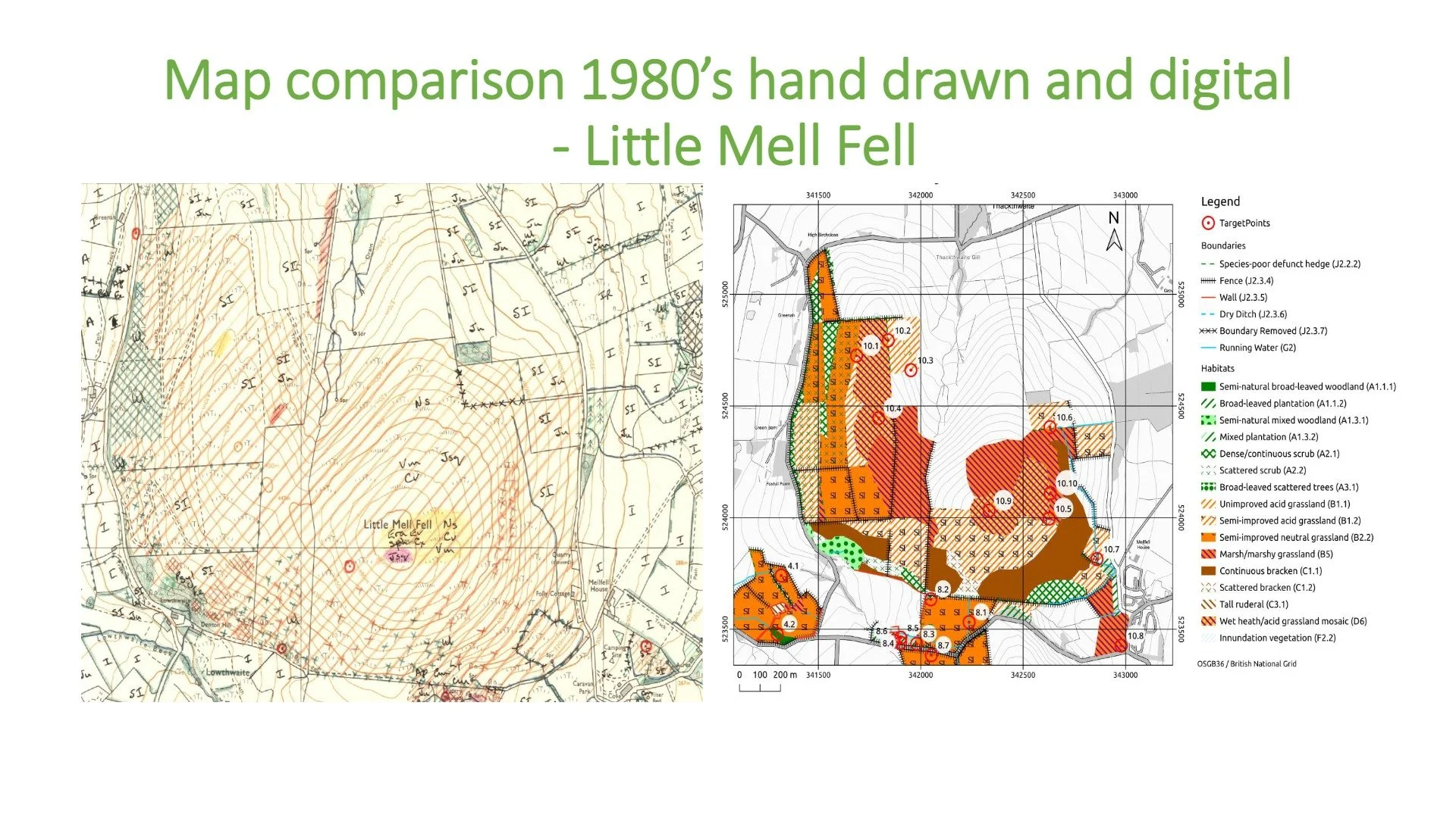 Comparison of a hand-drawn habitat survey map of Little Mell Fell and the same survey information digitised for online mapping.