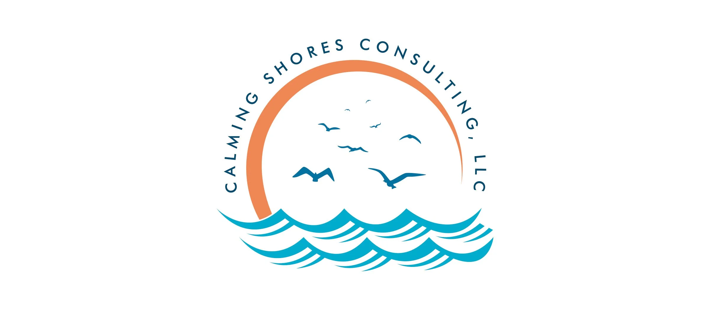 Logo for CalMelting Shores Consulting LLC featuring seagulls flying over stylized blue ocean waves with an orange semi-circle and encircling text.