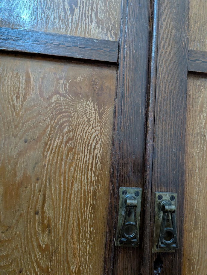 Image shows a fully repaired and restored antique hardwood cabinet furniture. The cabinet underwent scratch repair and chip repair, and was hand painted to restore the antique look
