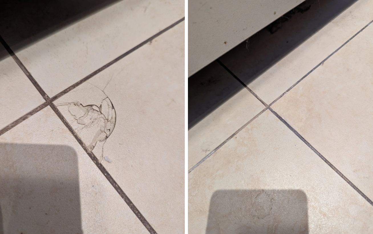 Limestone ceramic tile chip repair London — before and after