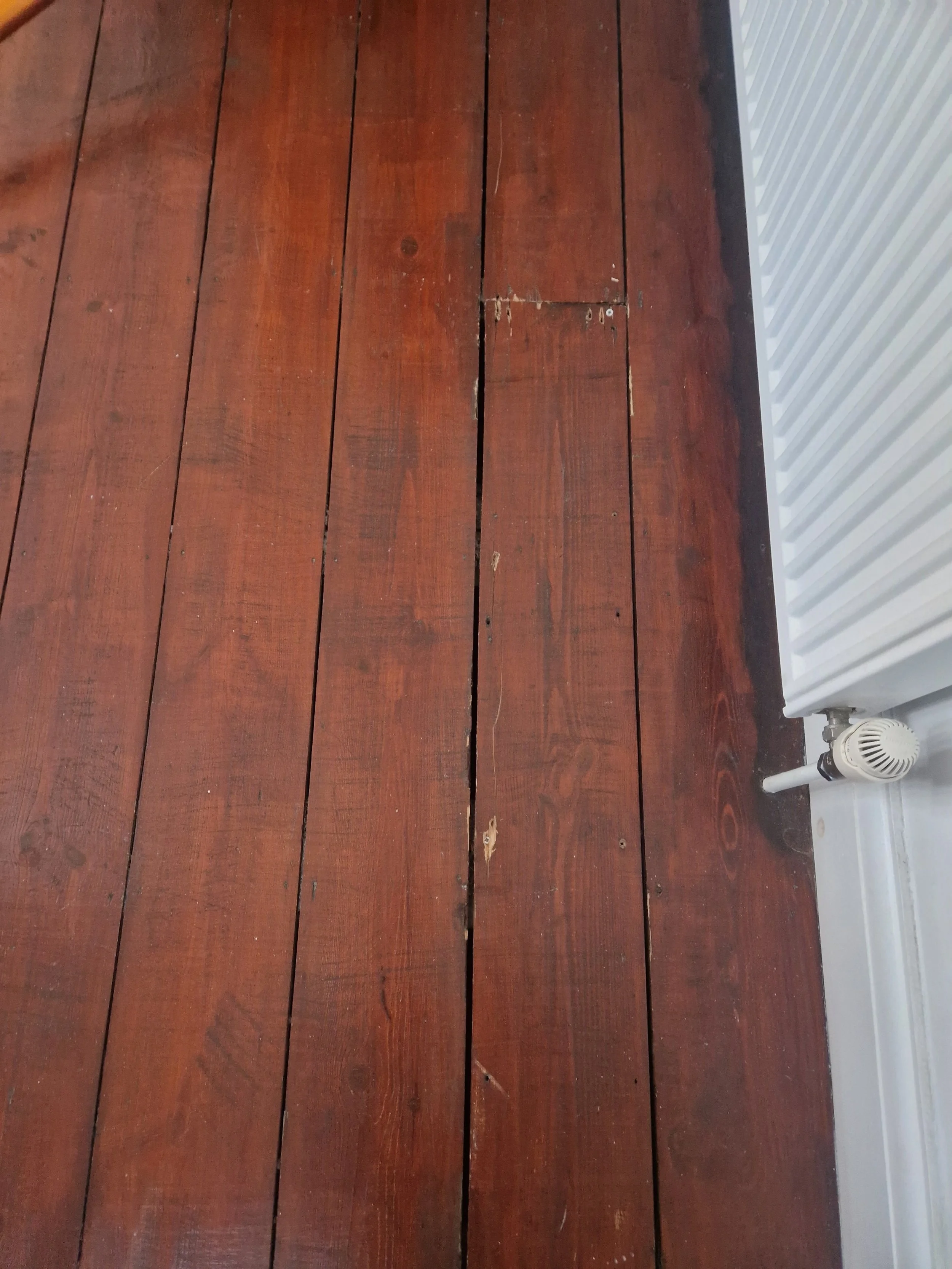 A Georgian floorboard this damage from screw holes and chips and scratches and splits. This image is taken before a flooring repair.