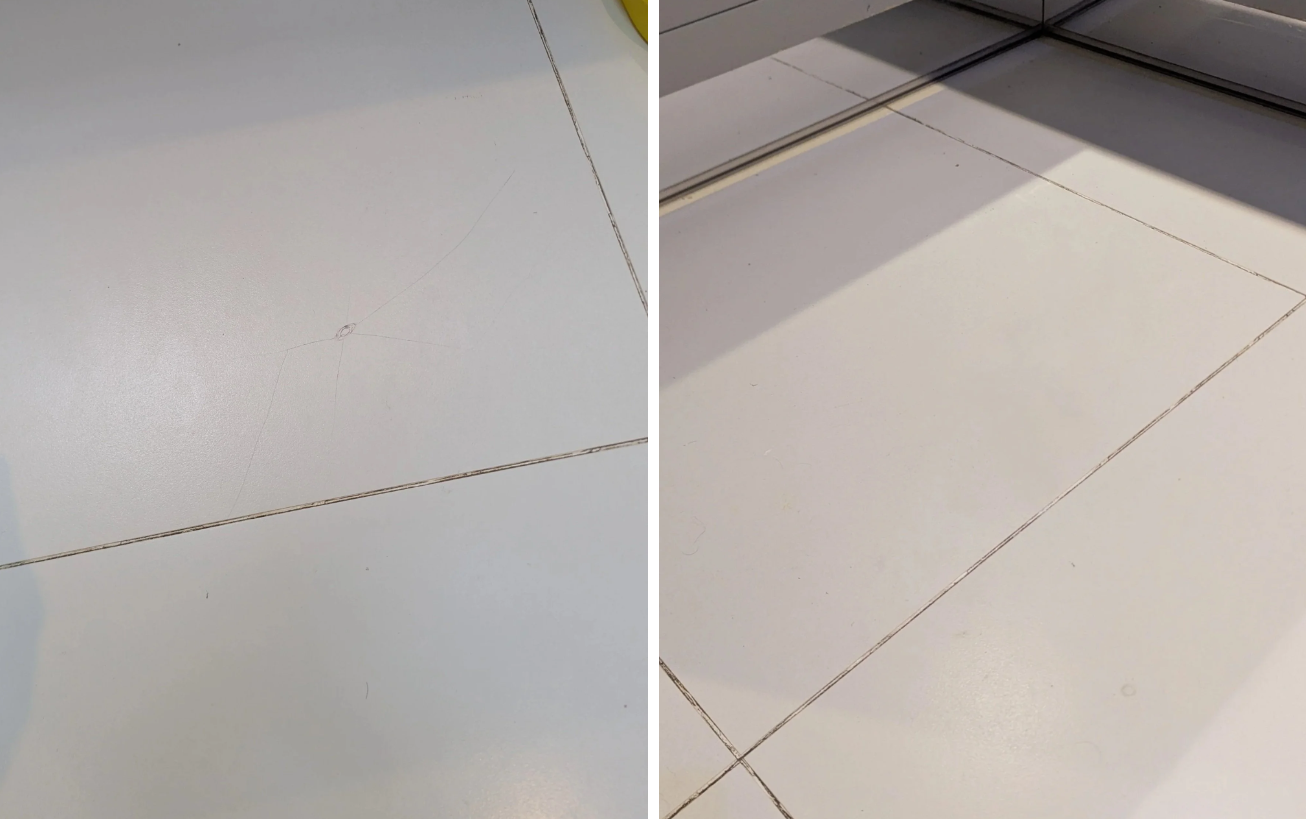 Cracked white ceramic tile repair London — before and after