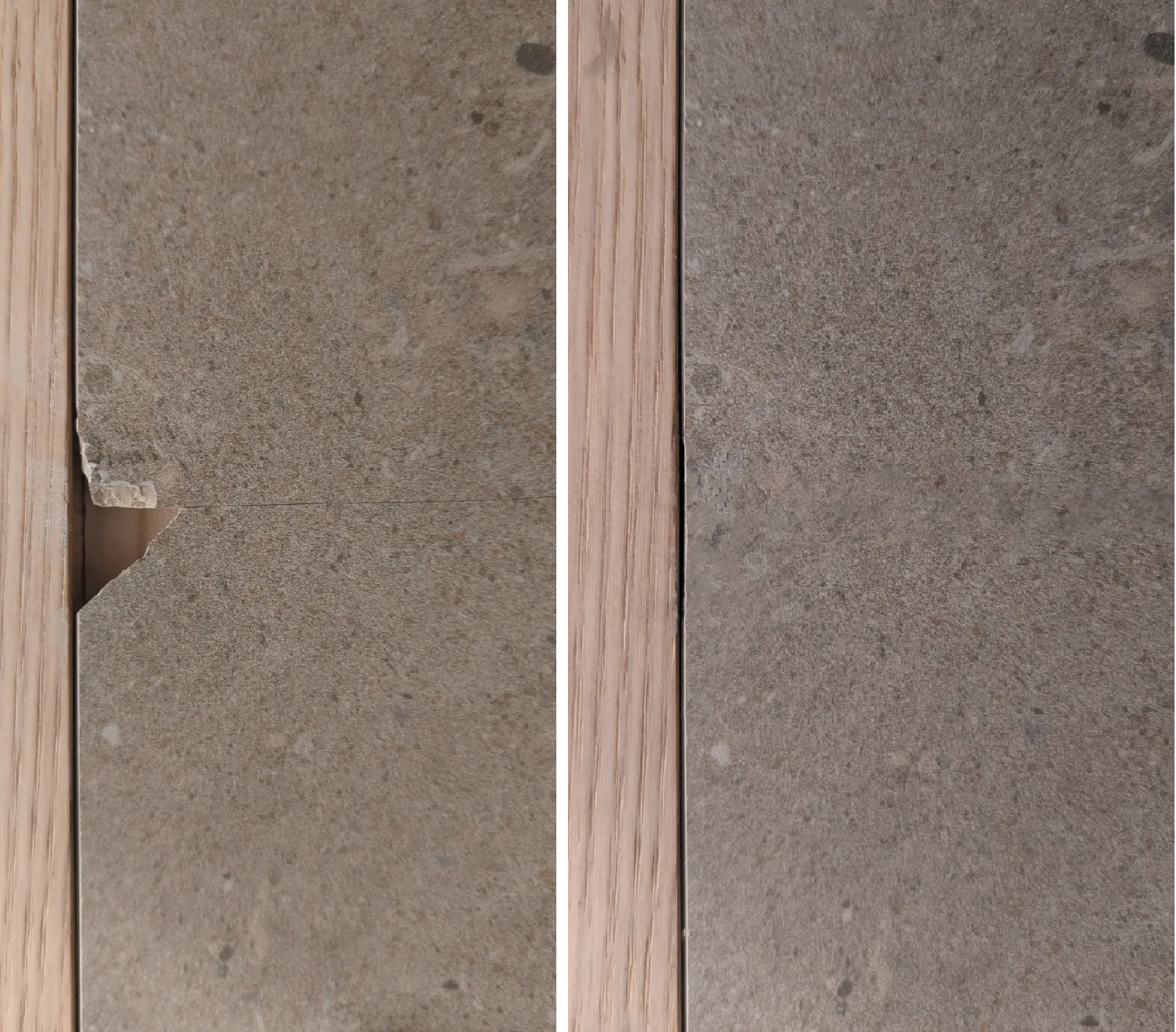 Image shows a cracked tile repair and a chipped tile repair. Professional repair of ceramic tile with handpainted colours