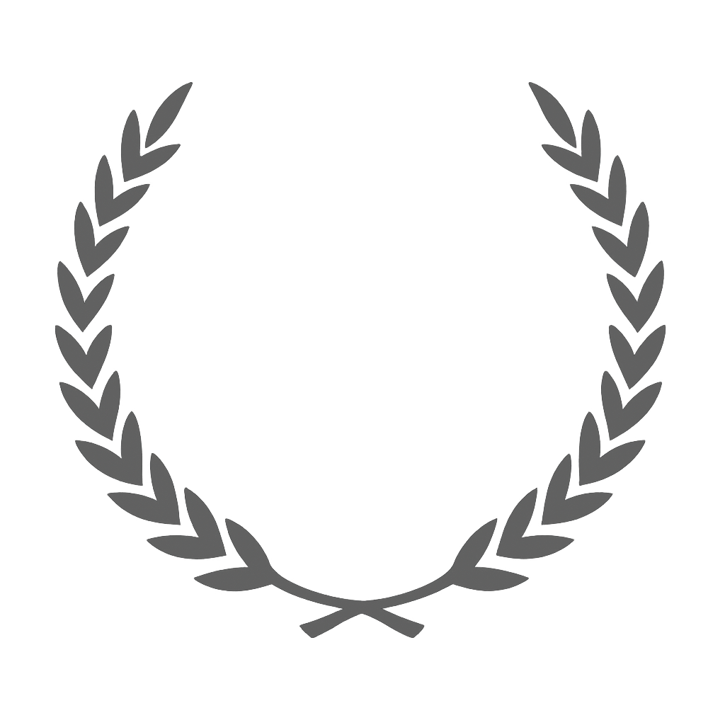 A black and white award or achievement emblem with laurel wreaths and a blank space in the center for text or a logo.