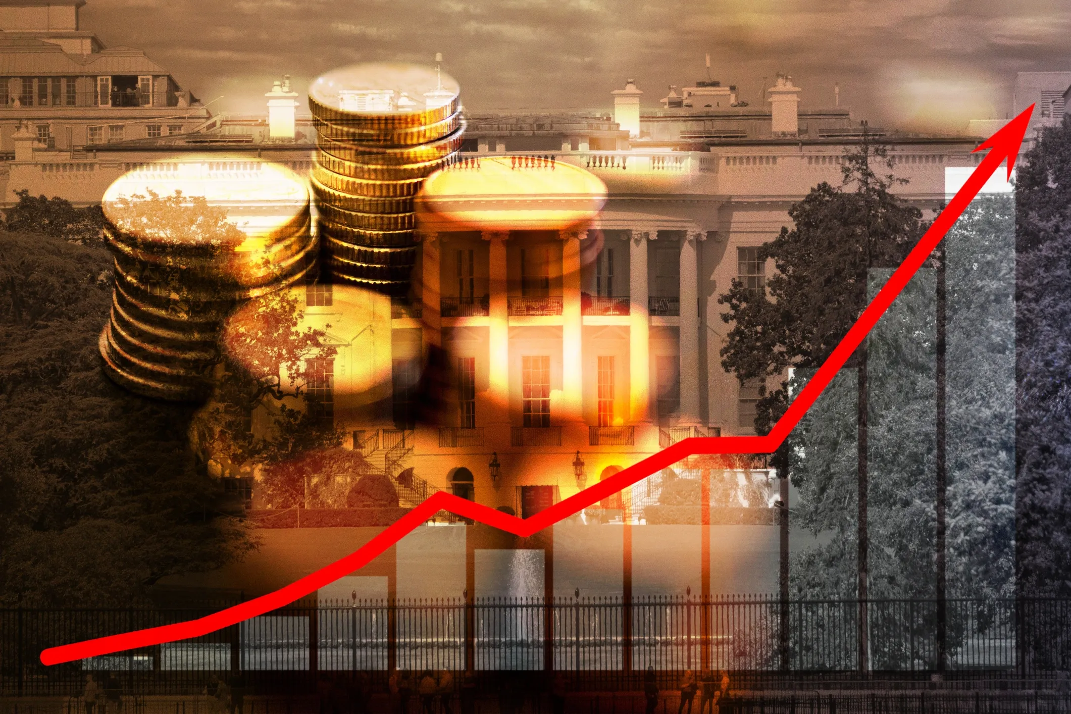 Overlay of stacked coins, a rising red line graph, and the White House, symbolizing financial growth and economic success.