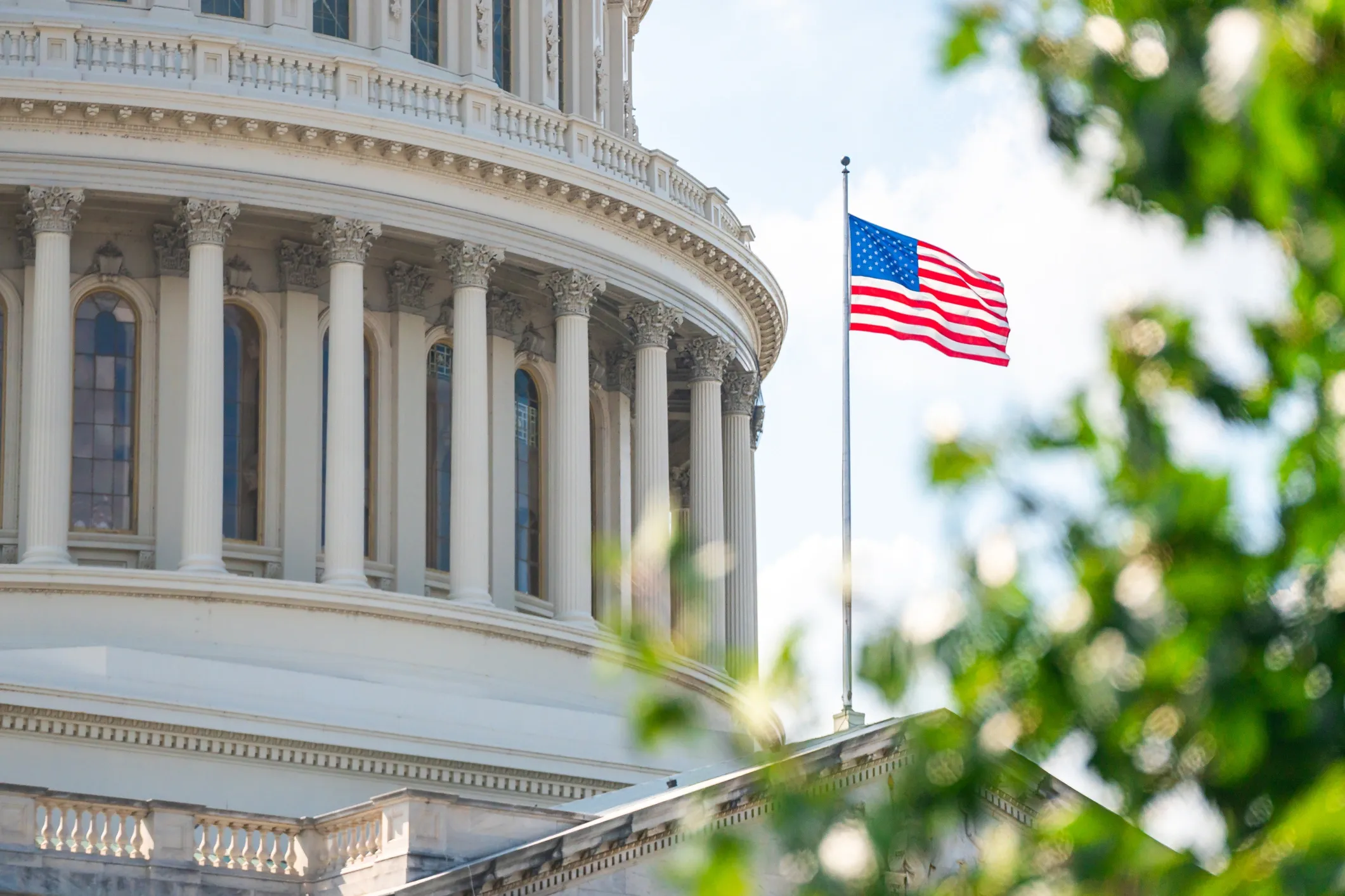 View of the United States Capitol building with an American flag flying outside on a bright day, partially obscured by tree branches.