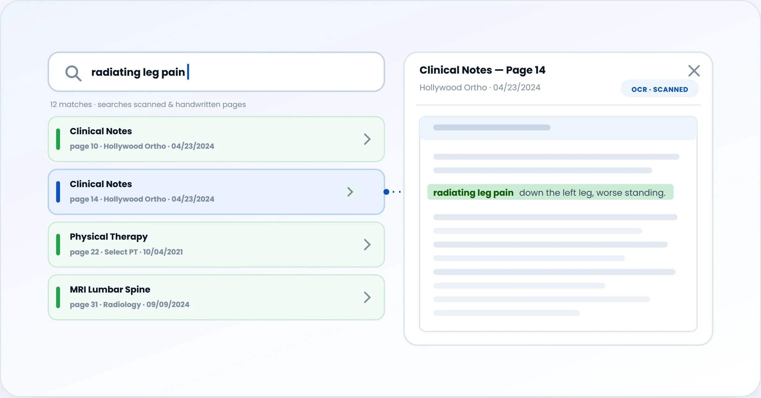 medical record review software with case search interface showing search bar and results organized by relevancy