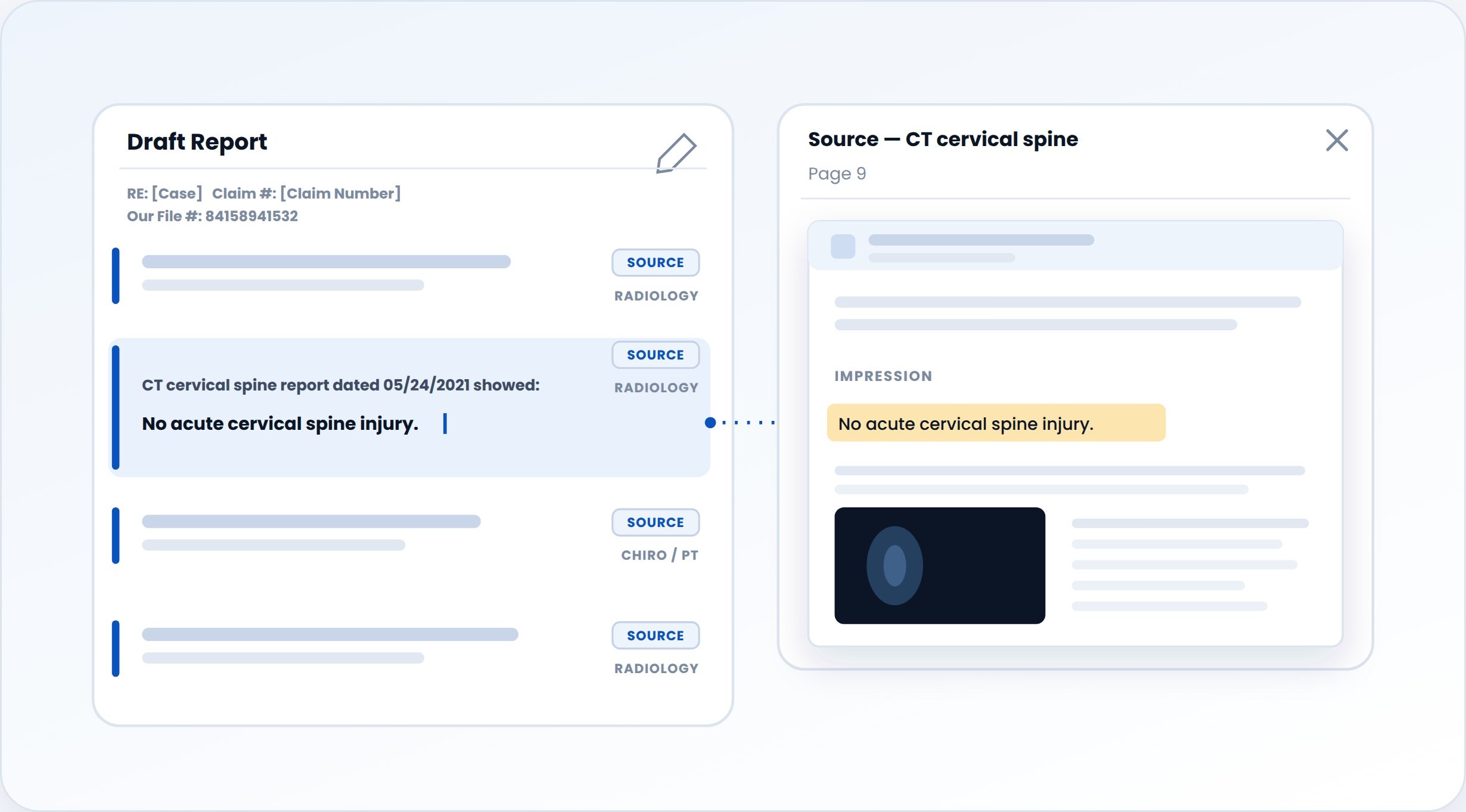 medical ime software showing medical record summaries product with draft report and source present and organized on screen