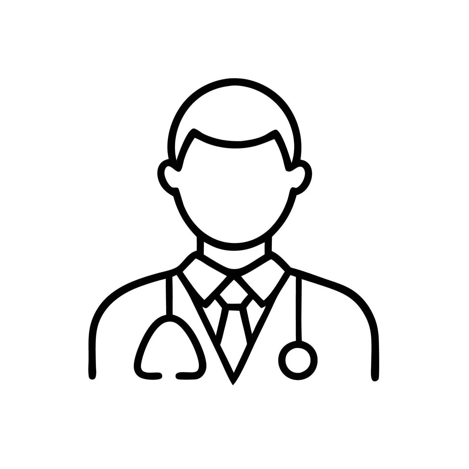 Outline drawing of a male doctor with stethoscope around neck wearing a suit and tie.