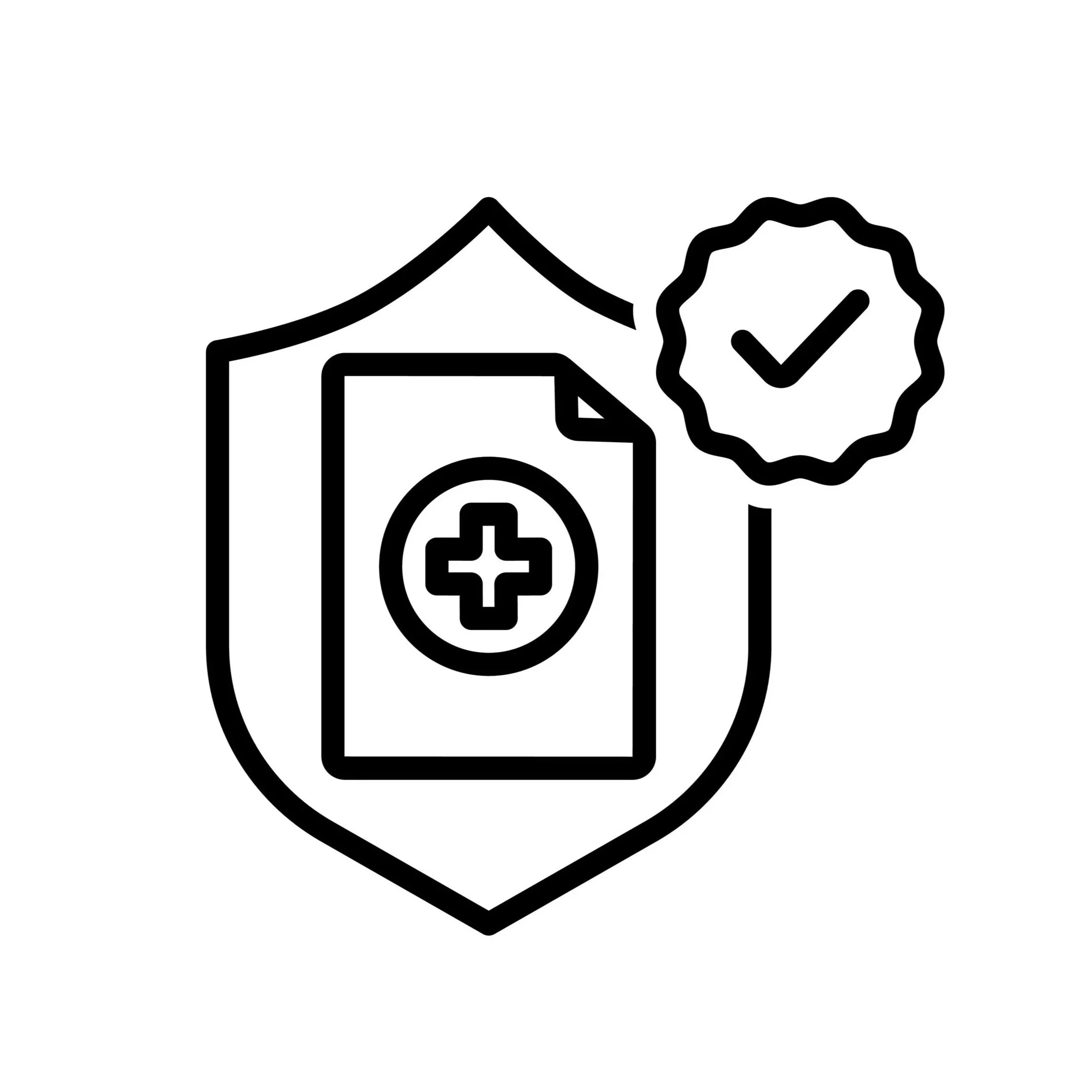 Medical shield icon with a first aid kit and a checkmark badge.