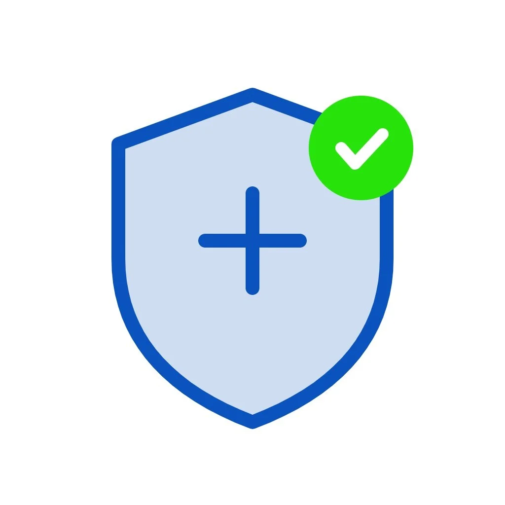 Medical shield icon with a first aid kit and a checkmark badge.